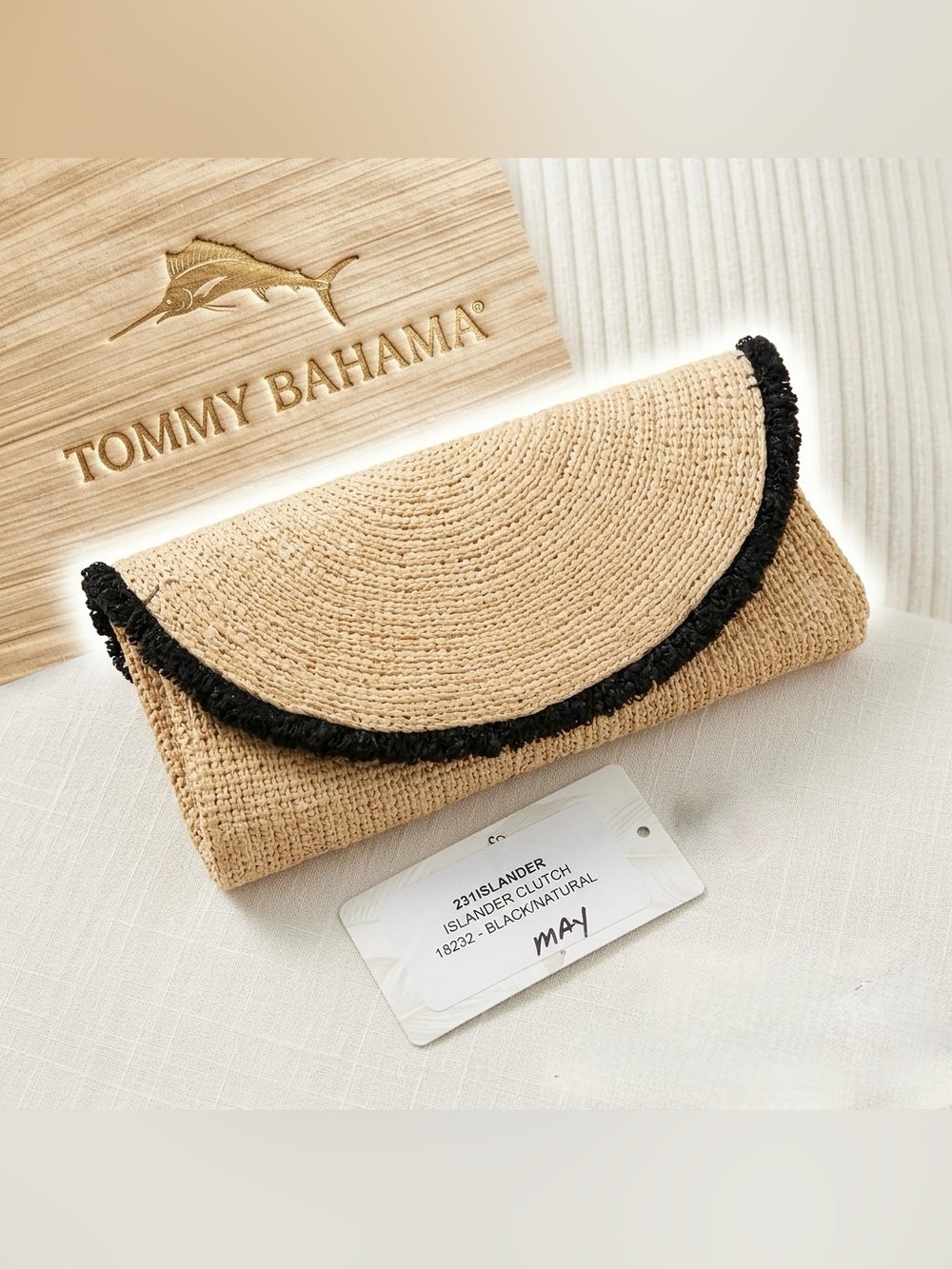NWT Tommy Bahama Islander Raffia Clutch Black Natural Woven Boho Resort New